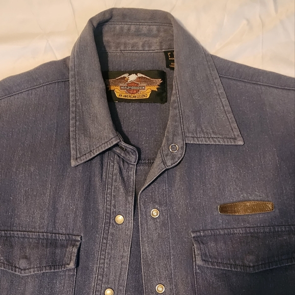 Harley-Davidson denim shorts sleeve press stud top - Picture 7 of 7